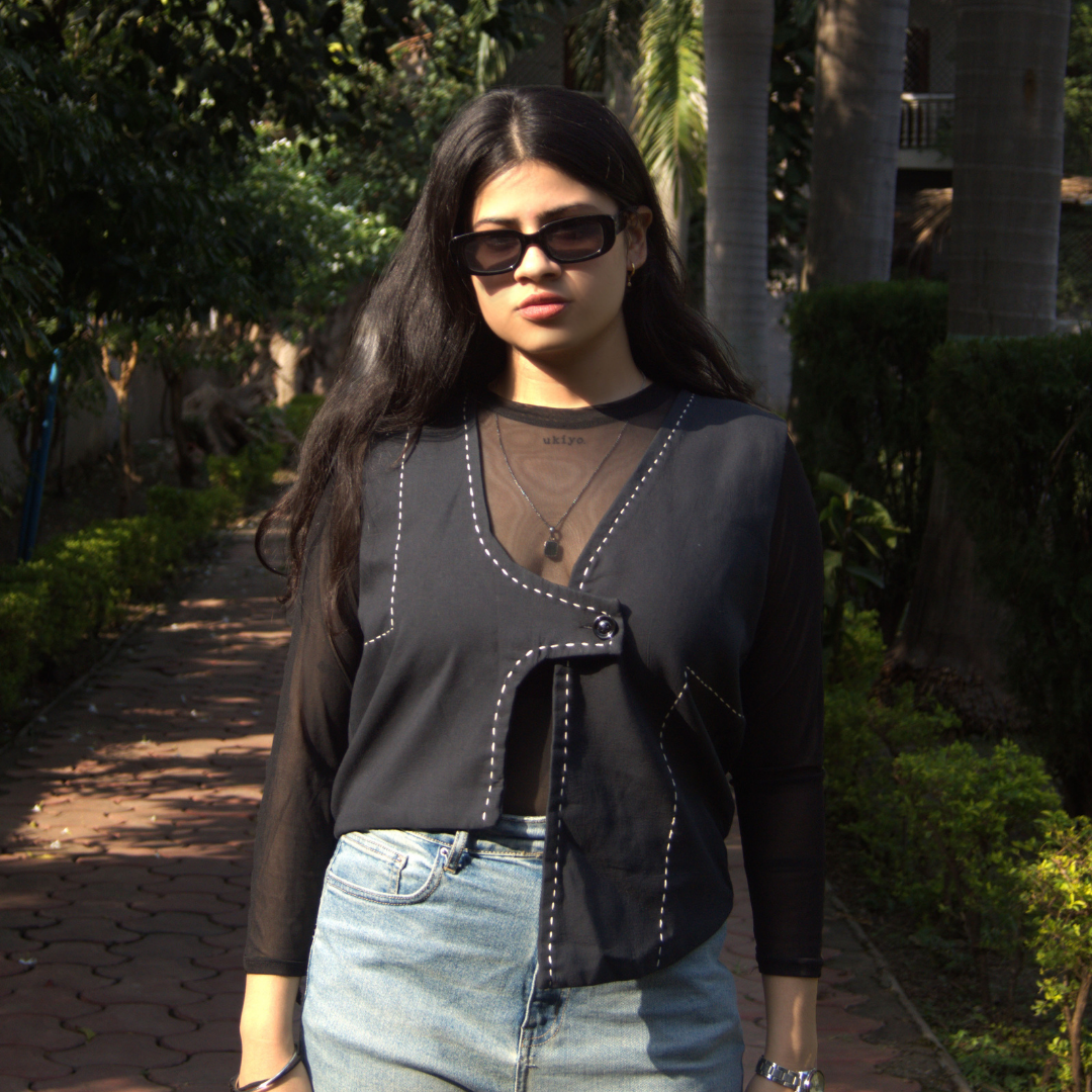 Black Cotton Hand-Stitched Vest for Women – Asymmetric Buttoned Overlay